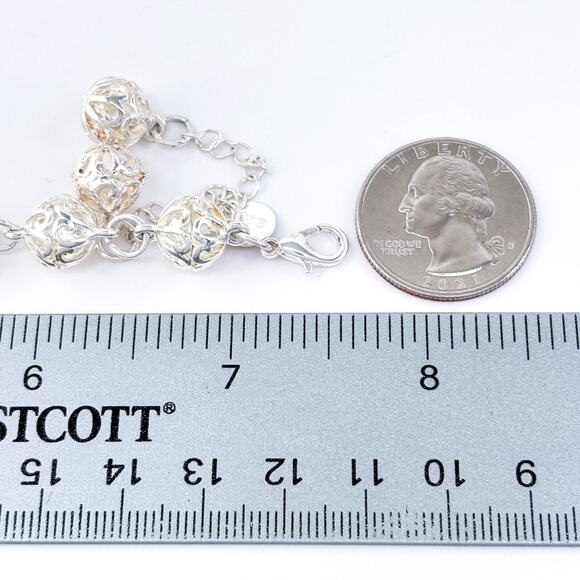 Estate Sterling Silver 925 Filigree Ball Link Bracelet 7.5” - Picture 4 of 6